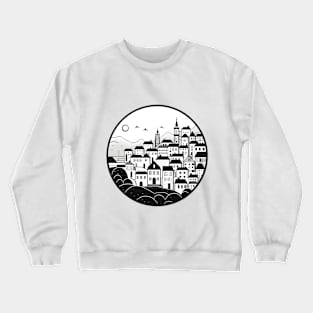 Monochrome Mediterranean Townscape Circle Art Crewneck Sweatshirt